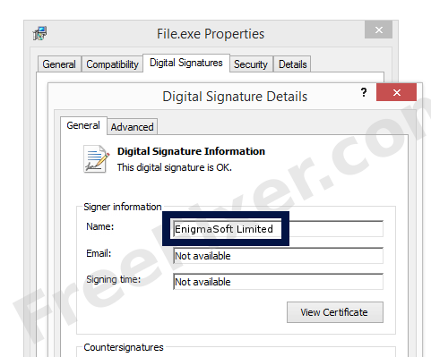 Screenshot of the EnigmaSoft Limited certificate